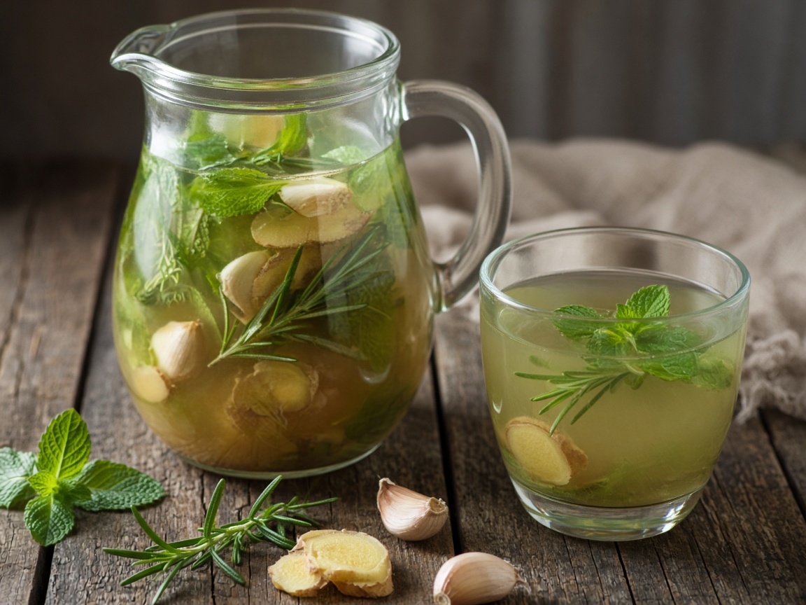 Jarra de infusión herbal verde con menta, jengibre y ajo
